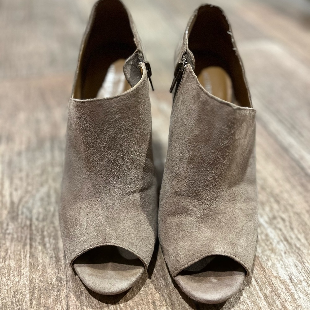 Suede booties heels winter fall peep toe